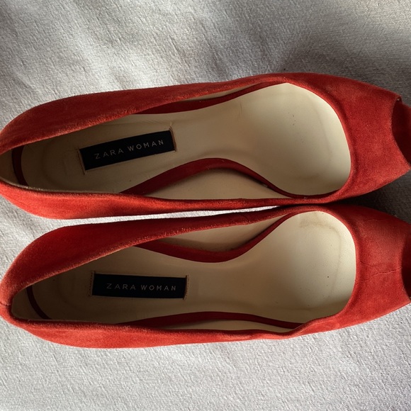 Zara Woman Suede Peep Toe Platform Heels Color Pumpkin Size 37 - Picture 4 of 9